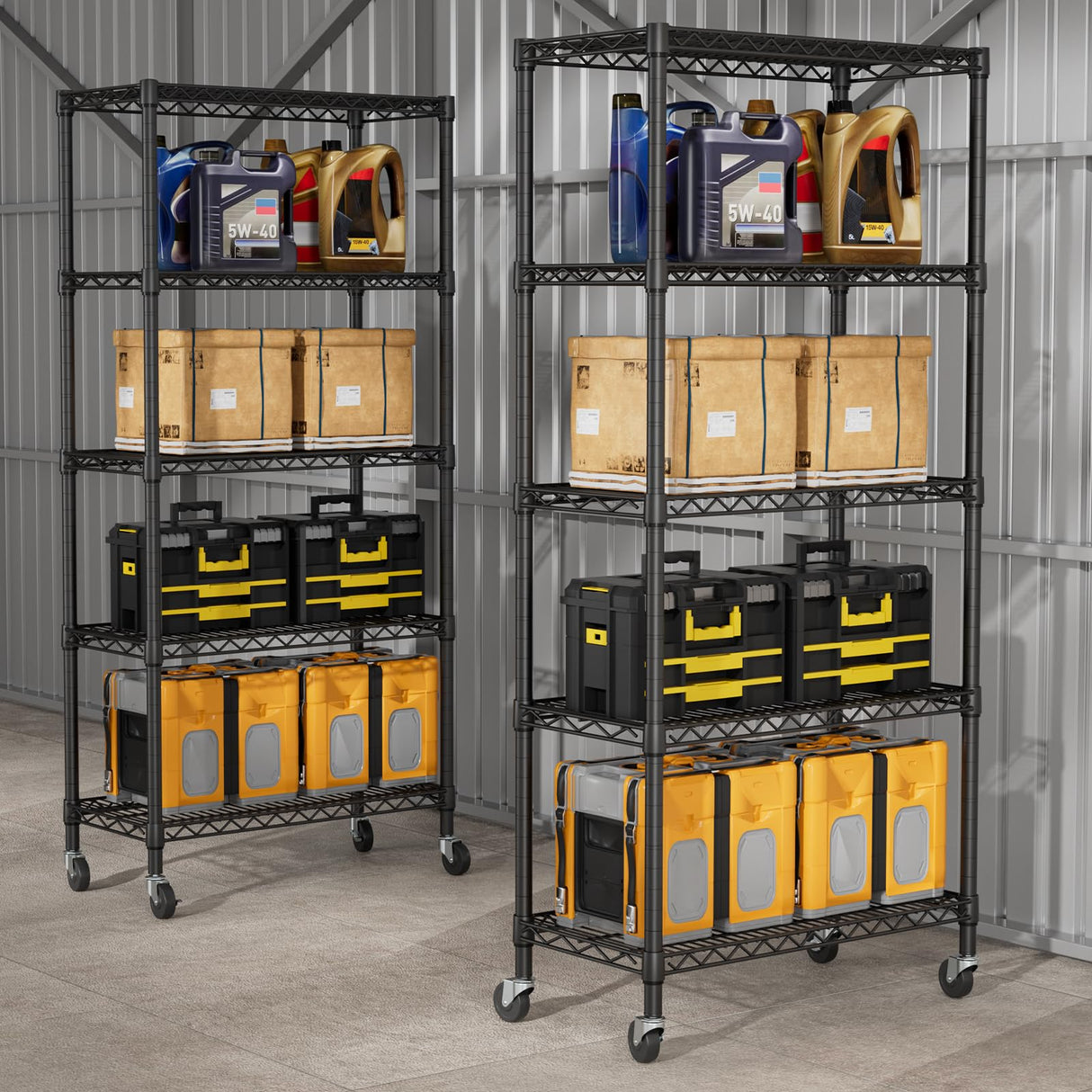 SINGAYE 5 Shelf Adjustable Heavy Duty Storage Shelving Unit with Wheels Steel Organizer Wire Rack Shelves Bathroom Organizers and Shelf Wire Closet Metal Pantry Kitchen Garage 14" DX30 WX70 H Black SINGAYE