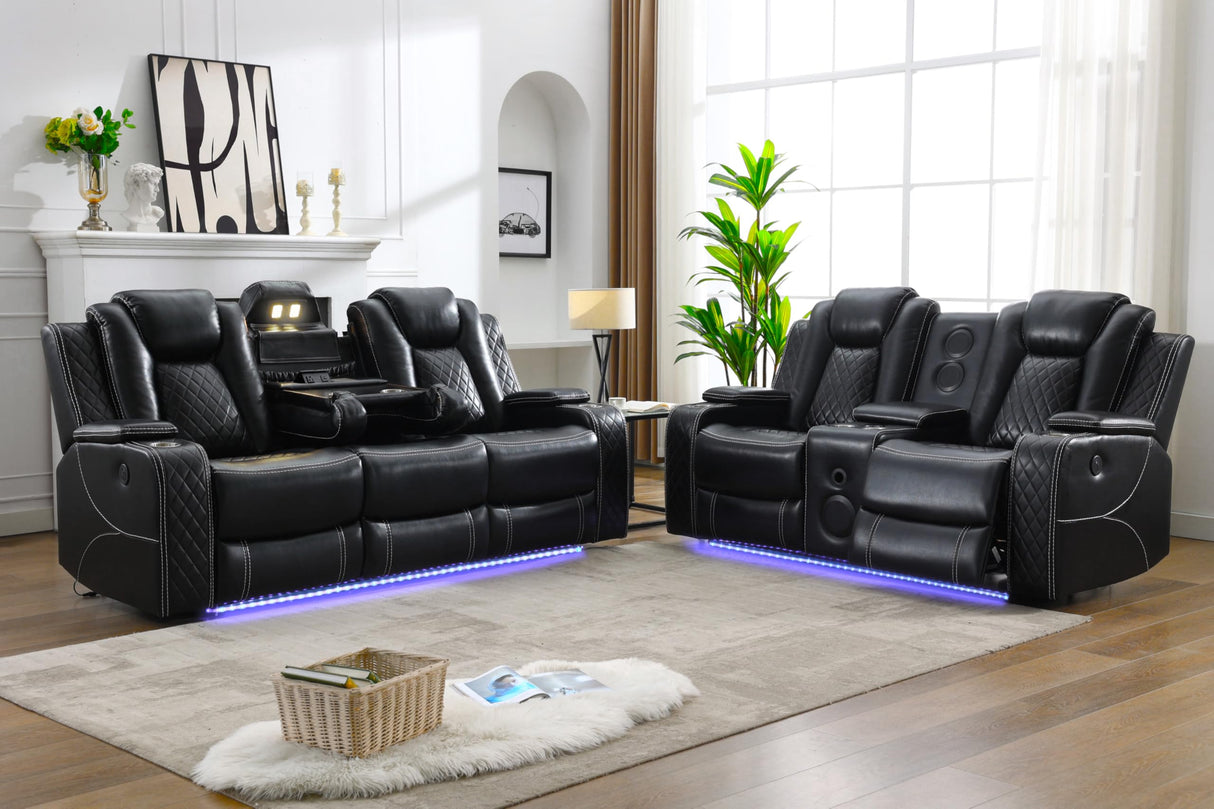 Power Recliner Sofa Set with Bass Speaker for Living Room,Faux Leather 3 Seater Reclining Sofa and Loveseat Seating Couch w/ Wireless Charger,Reading Light,LED Lights,Home Theater Love seat Sets,Black Comfort Stretch