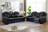 Power Recliner Sofa Set with Bass Speaker for Living Room,Faux Leather 3 Seater Reclining Sofa and Loveseat Seating Couch w/ Wireless Charger,Reading Light,LED Lights,Home Theater Love seat Sets,Black Comfort Stretch