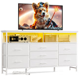 Fixwal 55 Inch Dresser TV Stand with Power Outlets and LED Lights, White Long Dresser for Bedroom with 7 Fabric Drawers, Large Dresser TV Stand for Up to 65 Inch TV, Chest of Drawers for Bedroom White Fixwal