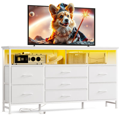 Fixwal 55 Inch Dresser TV Stand with Power Outlets and LED Lights, White Long Dresser for Bedroom with 7 Fabric Drawers, Large Dresser TV Stand for Up to 65 Inch TV, Chest of Drawers for Bedroom White