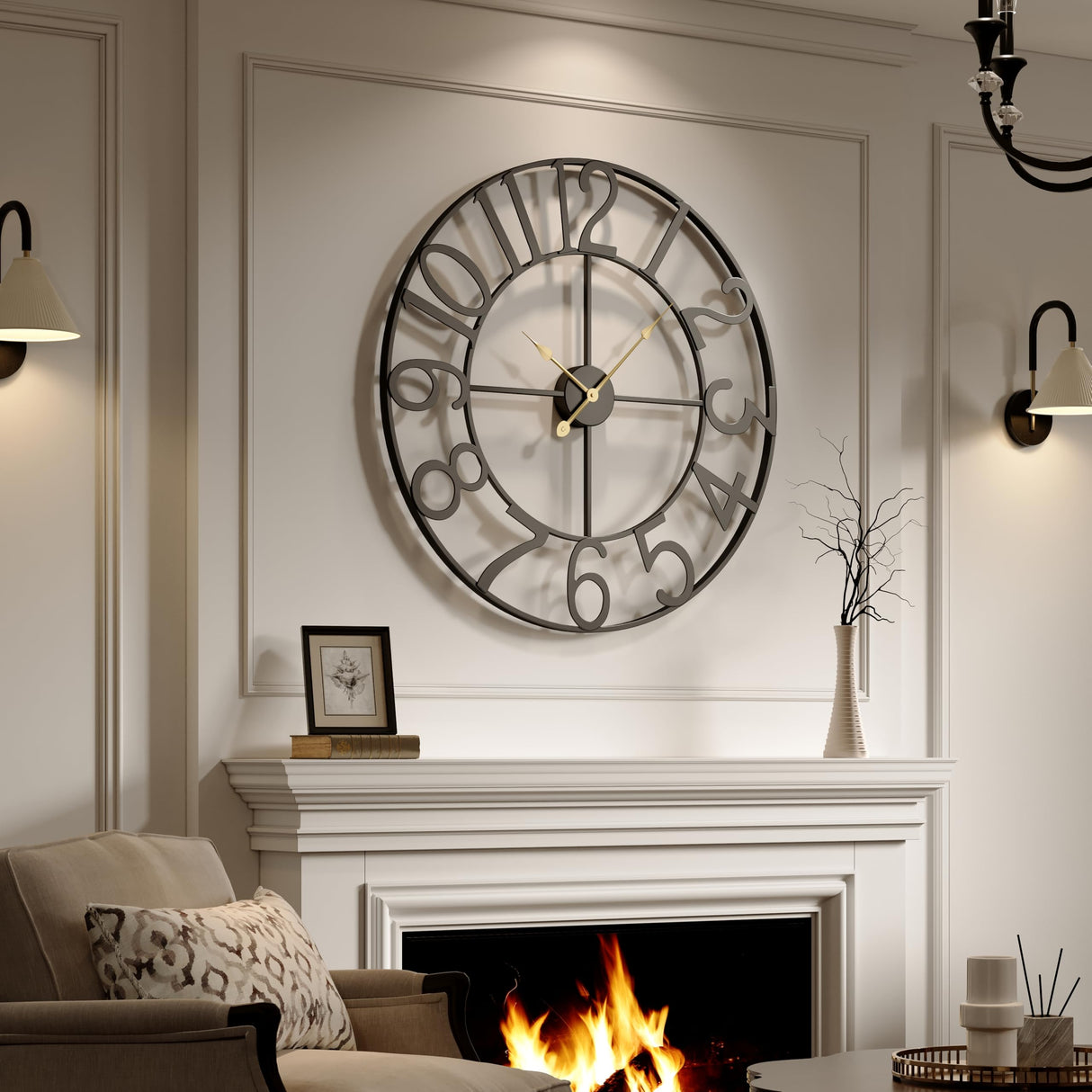 Large Wall Clock for Living Room Kitchen Mantel Decor, 30 Inch Decorative Wall Clock Silent Non Ticking Battery-Operated Metal Round Modern Black Wall Clocks Arabic Numerals Cuspin