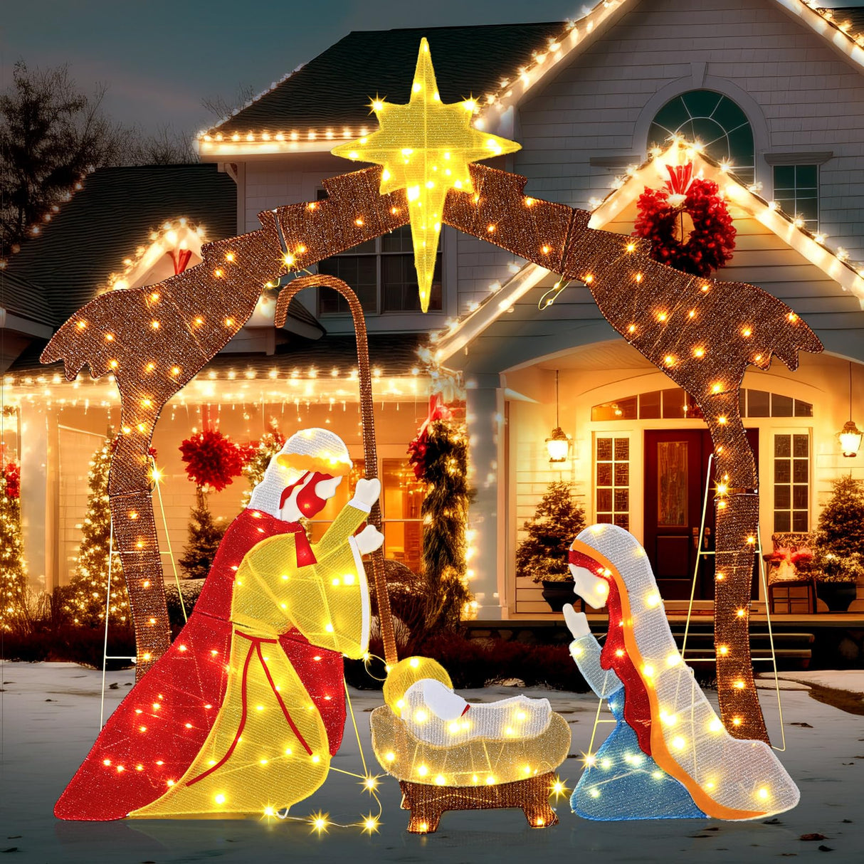 Tujoe Lighted Outdoor Nativity Scene Christmas Nativity Set with Yellow LED Lights Nativity Set Outdoor Christmas Yard Decorations Outdoor Christmas Holy Family Yard Decoration for Holiday Lawn Garden Tujoe