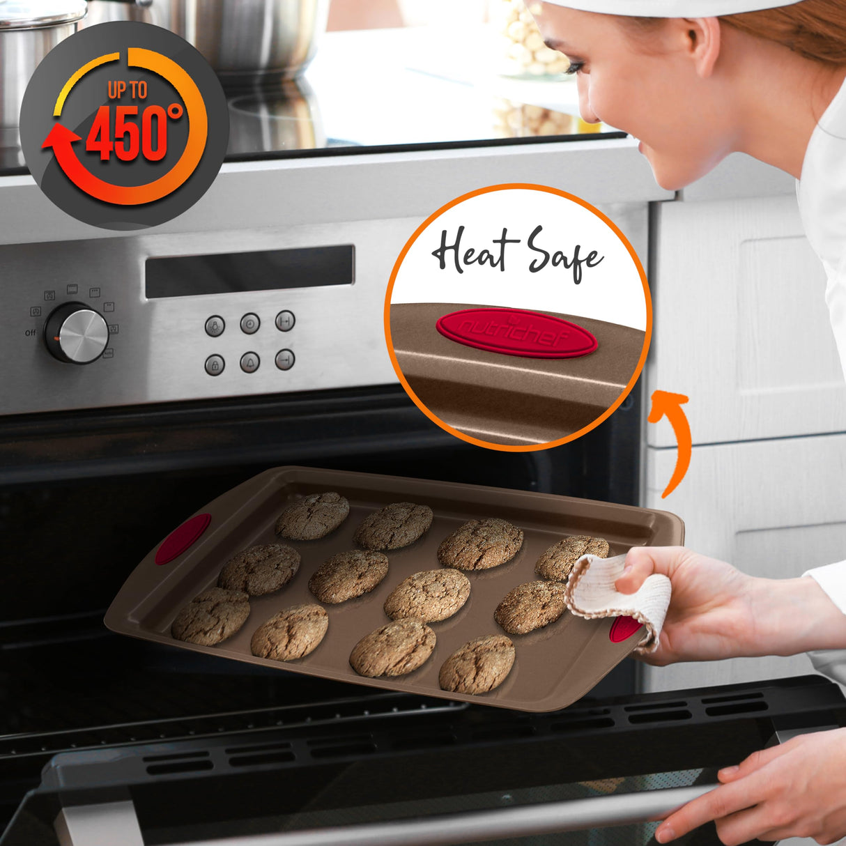 NutriChef 5-Piece Baking Pan Set - Carbon Steel Stackable Bakeware with Red Silicone Handles & Nonstick Coating, Includes Cookie Sheets, Roaster Pan with Lid, Loaf Pan, and 12 Cup Muffin Pan (Gold) NutriChef