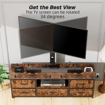 MJOMKN TV Stand with Mount and Fabric Drawers, Swivel TV Stand Mount for 32/40/55/60/65/70 inch TVs, Entertainment Center with Power Outlet and Storage for Living Room, Bedroom, Rustic Brown