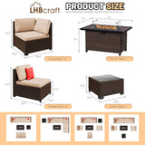 LHBcraft 8-Piece Outdoor Patio Furniture Set, Wicker Rattan Sectional Conversation Set with 50,000 BTU Propane Fire Pit Table for Garden and Patio,Brown LHBcraft