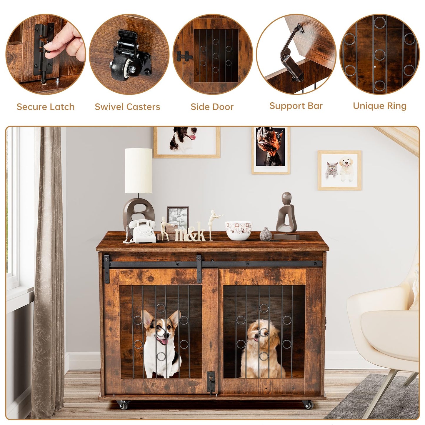 2 Rooms Dog Crate Furniture with Movable Divider,39" Wooden Dog Crate Table,Wooden Dog Kennel Pet House Cage,Flip Top 39.37”Wx25.2”Dx28.94”H