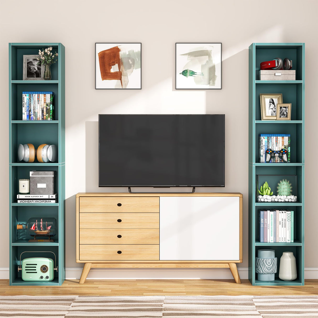 LITTLE TREE 70.9 Inch Tall Narrow Bookcase, Corner Bookshelf 6 Tier Cube Display Shelf Storage Organizer for Small Space, Blue LITTLE TREE