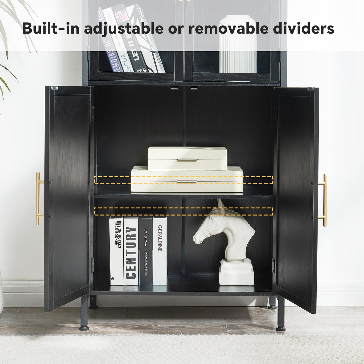 HUSHEDIFY Arched Bookcase Book Shelf with Glass Doors, 5 Tier Tall Display Bookshelf Cabinet with Storage, Industrial Floor Standing Bookshelves Open bookcases for Home Office, Living Room(Black) HUSHEDIFY