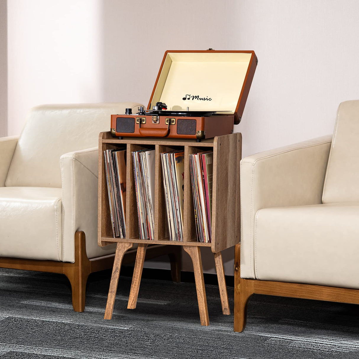 LELELINKY Record Player Stand,Vinyl Record Storage Table with 4 Cabinet Up to 100 Albums,Mid-Century Modern Turntable Stand with Wood Legs,Oak Grey Vinyl Holder Display Shelf for Bedroom Living Room LELELINKY