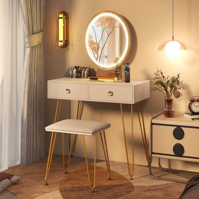 CHARMAID Makeup Vanity Table with Lighted Mirror, Vanity Desk with 2 Large Drawers, Adjustable 3 Lighting Modes, Modern Girls Bedroom Vanity Table with Chair for Small Spaces, White & Gold