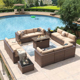 Aoxun 15 Piece Patio Furniture Set with 44” Fire Pit Table Wicker Rattan Outdoor Sectional Sofa Set with Coffee Table and Thickened Cushions, Beige (Waterproof Cover Included) Aoxun