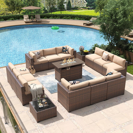 Aoxun 15 Piece Patio Furniture Set with 44” Fire Pit Table Wicker Rattan Outdoor Sectional Sofa Set with Coffee Table and Thickened Cushions, Beige (Waterproof Cover Included) Aoxun