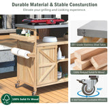 CKLMMC Farmhouse Outdoor Kitchen Island, Rolling Bar Cart & Storage Cabinet with Stainless Steel Top, Spice Rack, Towel Rack for Kitchen & Barbecue, Solid Wood Outdoor Grill Table (Natural) CKLMMC