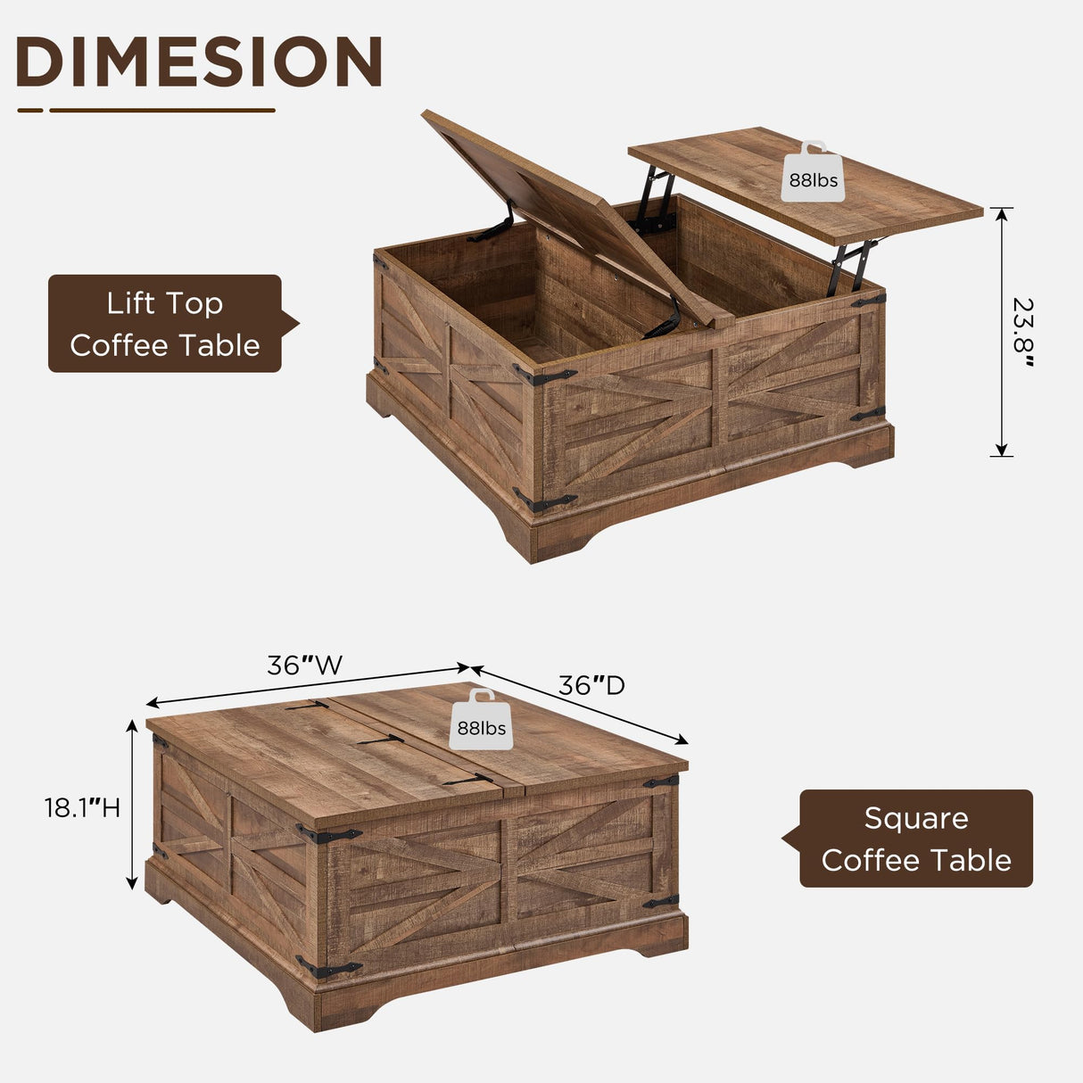 JXQTLINGMU Farmhouse Lift Top Coffee Table with Storage, 36" Wood Square Center Table with Large Hidden Compartment, Rustic Lift Tabletop Dining Table for Home Living Room, Light Brown JXQTLINGMU