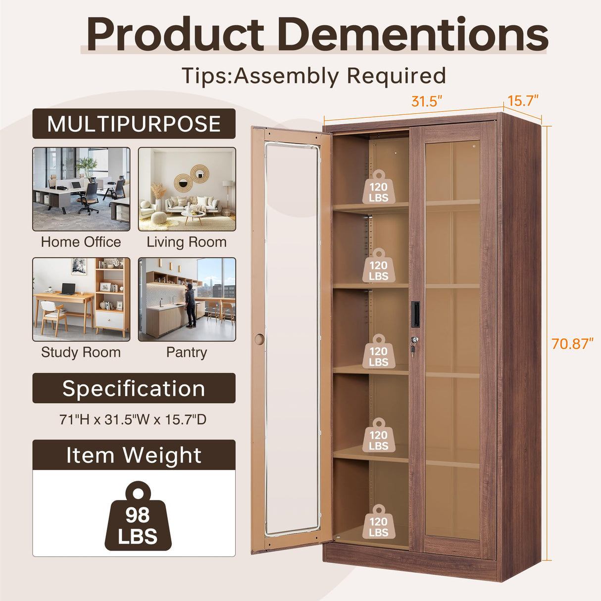 AFAIF 71" Tall Brown Metal Storage Cabinet with Glass Doors and Adjustable Shelves AFAIF