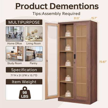 AFAIF 71" Tall Brown Metal Storage Cabinet with Glass Doors and Adjustable Shelves AFAIF