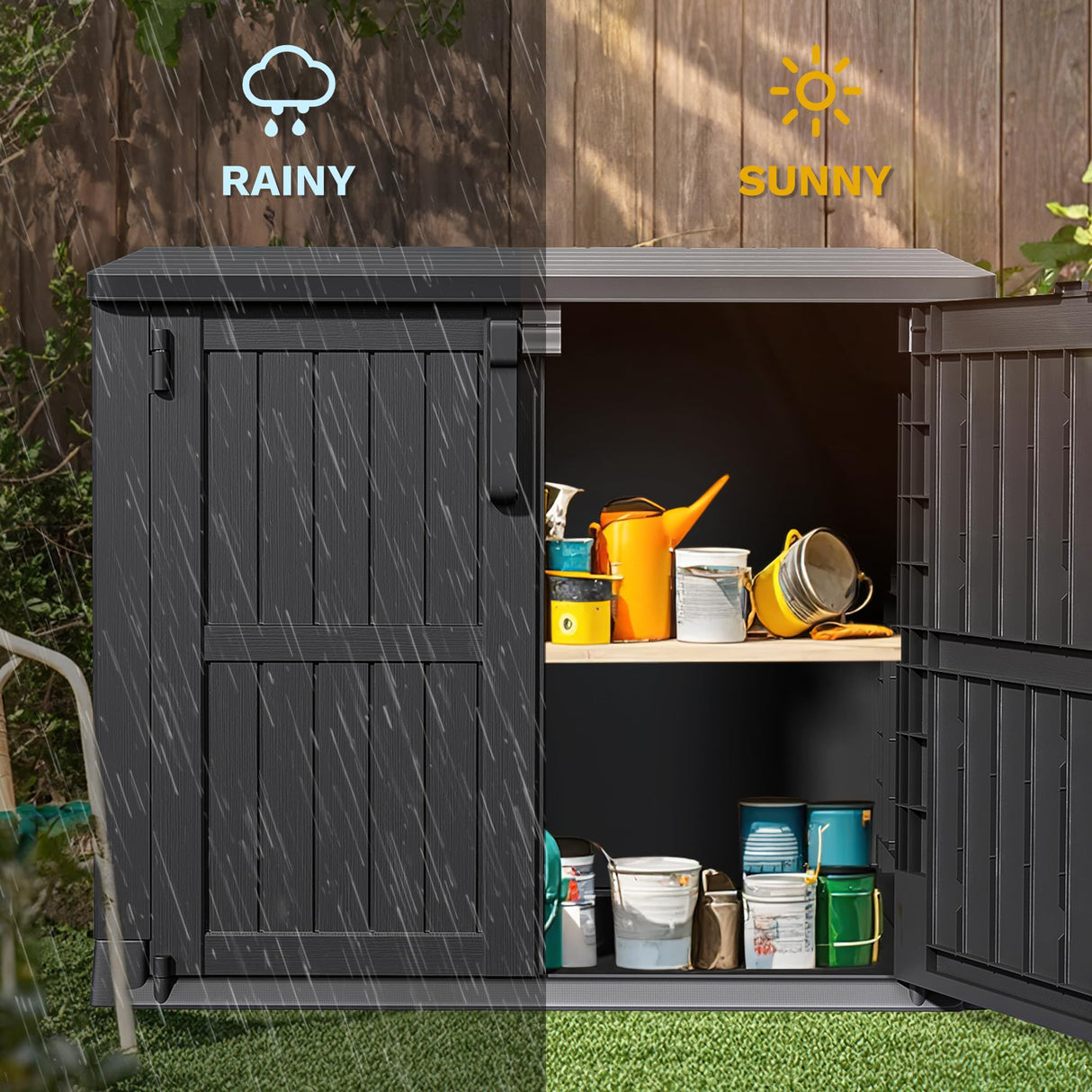 DWVO Tool Storage Shed, Storage for Bakcyard, Patio, and Garden, Resin Plastic Shed with Sloped Lid, Lockable Door, and Wood Grain Finish, Black DWVO