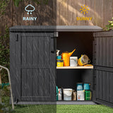 DWVO Tool Storage Shed, Storage for Bakcyard, Patio, and Garden, Resin Plastic Shed with Sloped Lid, Lockable Door, and Wood Grain Finish, Black DWVO