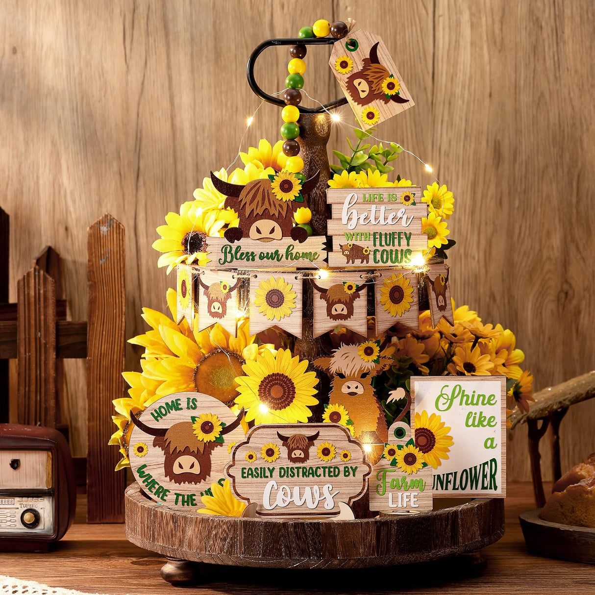 GlikCeil 20 Pcs Highland Cow Tiered Tray Decor Farmhouse Sunflower Decor Farmhouse Cow Tiered Tray Decoration Set Sunflower Wooden Sign Table Centerpiece for Summer Home Kitchen Shelf Party Decoration GlikCeil