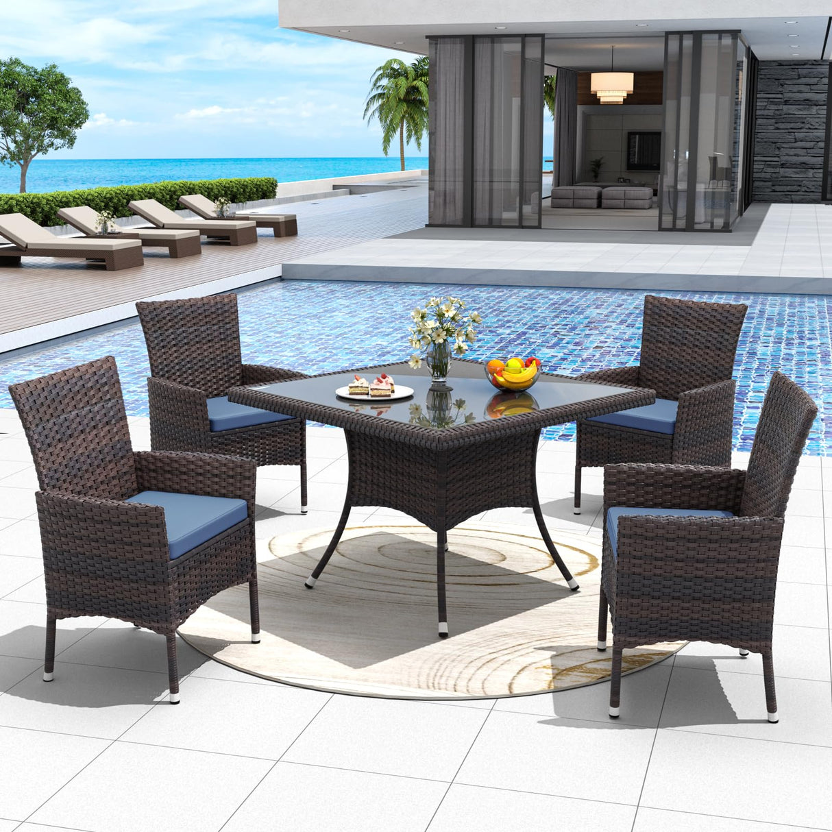 ALAULM 5 Piece Patio Dining Set All-Weather Wicker Outdoor Furniture Set w/Tempered Glass Tabletop, Removable Cushions and Umbrella Hole for Patio, Backyard, Garden, Poolside（Navy） ALAULM