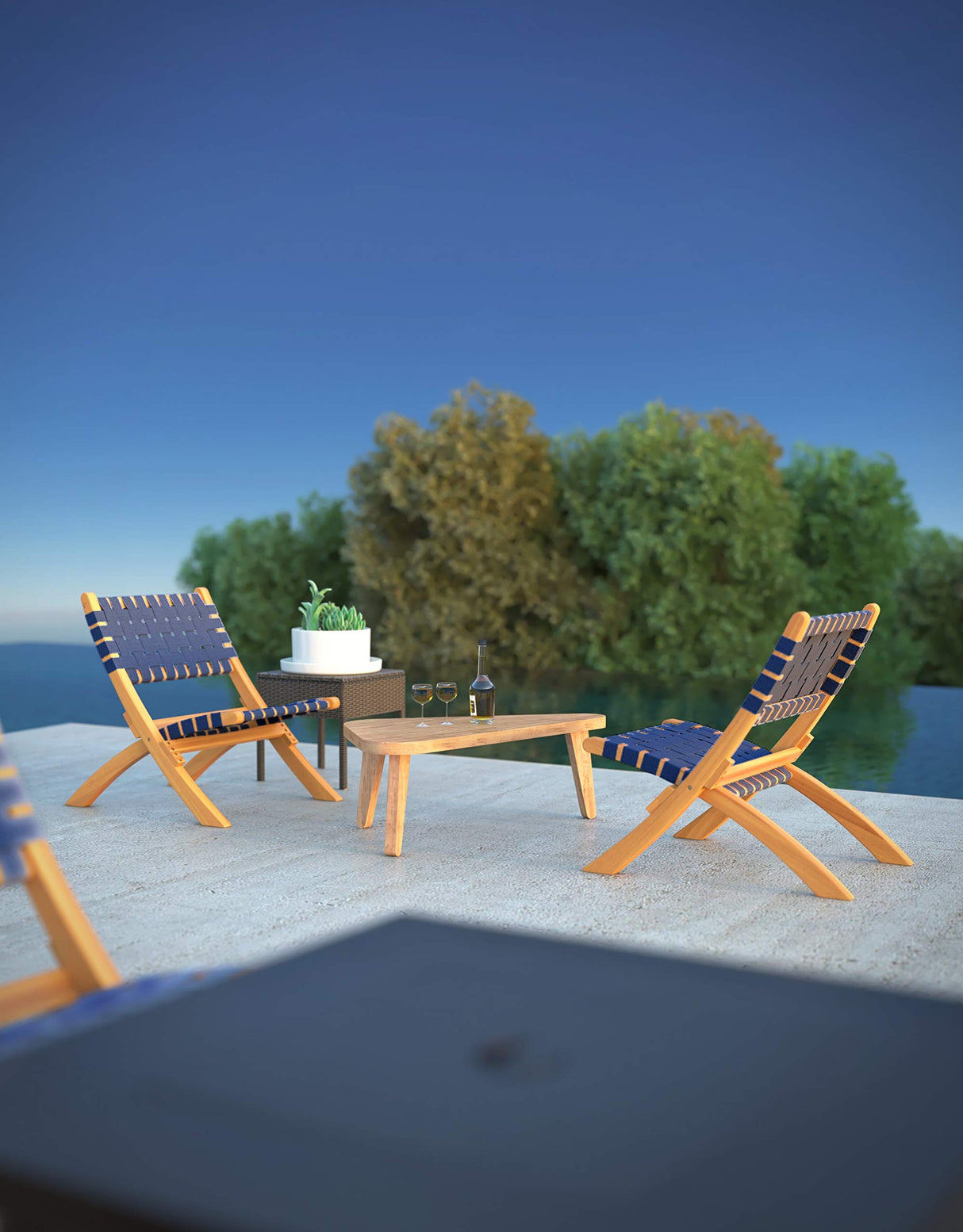 Patio Sense 63636 Sava Indoor Outdoor Folding Chair All Weather Wicker Low Slung Portable Seating Solid Acacia Wood Woven Seat Back Seat Indoors Porch Lawn Garden Fishing Sporting - Navy Blue Webbing Patio Sense