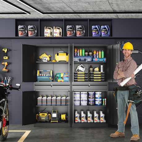 Yizosh Metal Garage Storage Cabinet with Locking Doors and Adjustable Shelves, Tool Storage Cabinet with 1 Drawer - 71" Steel Locking Cabinet for Garage, Warehouse (Black) Yizosh