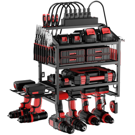 Power Tool Organizer Wall Mount with Charging Station, 4 Layer Storage Rack and Tool Holder for Garage Organization, 6 Drill Holder Wall Mount, 4 Hooks and 6 Outlet Power Strip, Great Men's Gift FULOOPHI