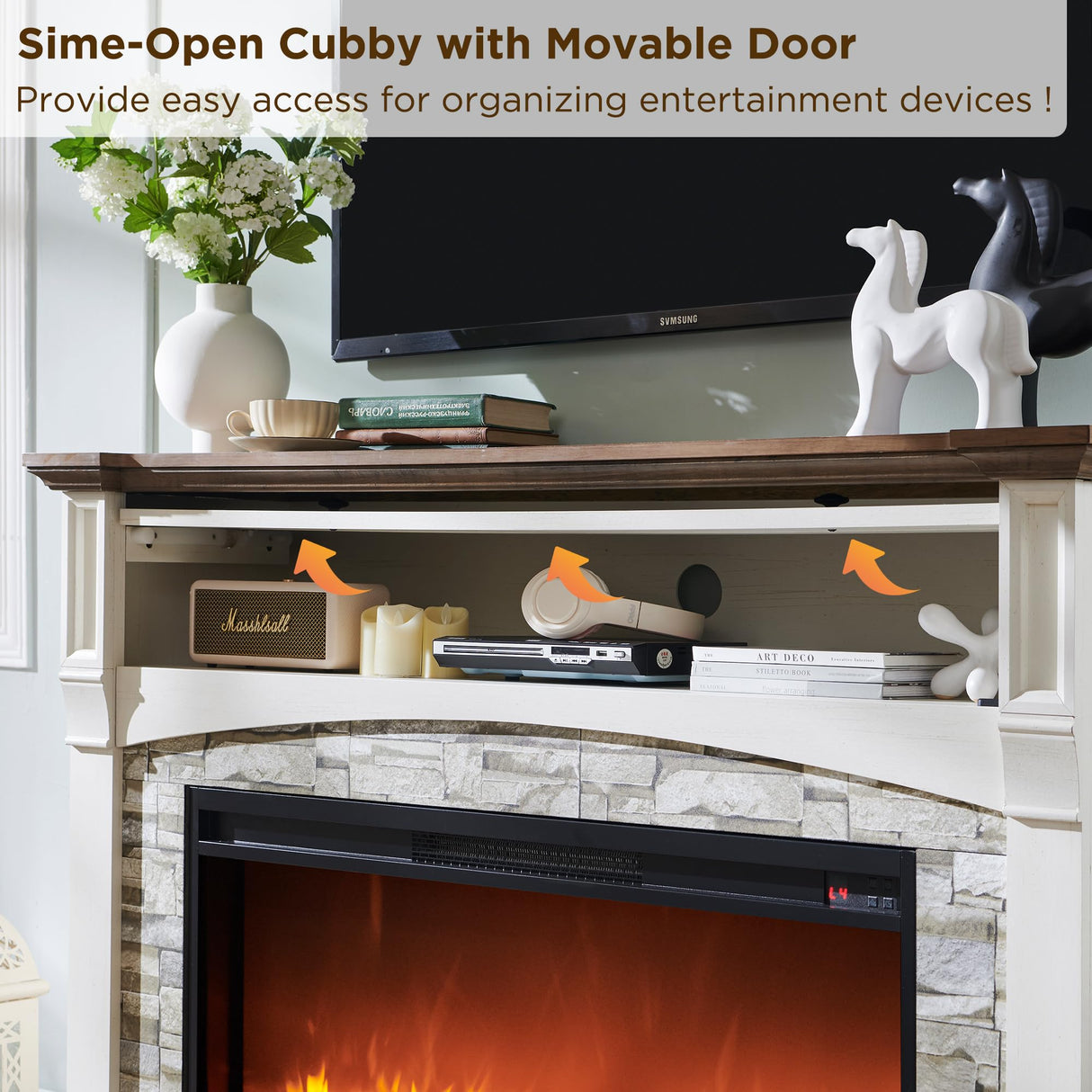 OKD 52" Farmhouse Electric Fireplace with Mantel, Tall Fireplace TV Stand w/Sime-Open Cubby, 36" Freestanding Electric Fireplace Heater,Remote Control, Adjustable 3D Realistic Flame OKD