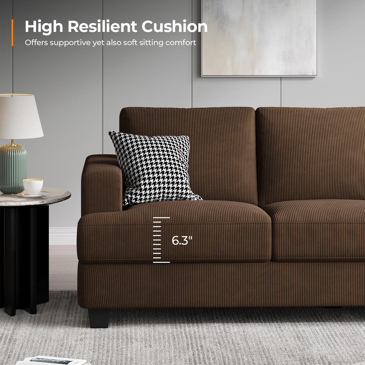 COPIAE 89 Inch Sofa with Extra Deep Seats Oversize, Corduroy Fabric 3 Seater Sofa for Living Room, Modern Couch and Sofa, Comfy Armrests and Seats and Backrests, Easy Installation, Brown COPIAE