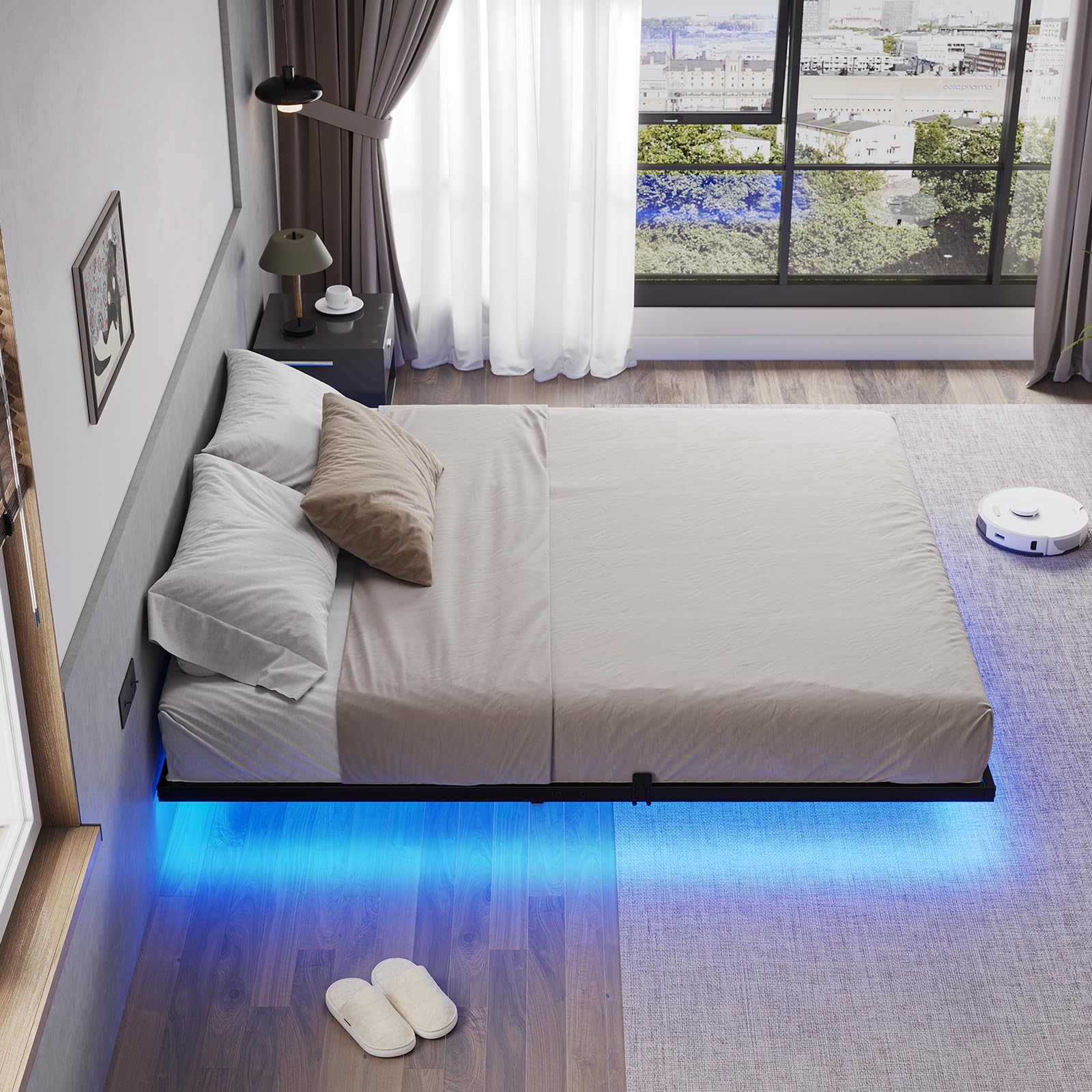 Hasuit Modern Floating Full Bed Frame with LED Lights - Easy Assembly, No Box Spring Needed - WoodArtSupply