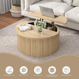 Fsbecl Lift Top Coffee Table with Storage, Round Coffee Tables for Living Room, 34.6'' Farmhouse Fluted Coffee Table, Wood Center Table with Large Hiddern Storage Compartment (Wood Color) Fsbecl