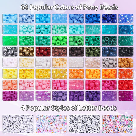QUEFE 2350pcs, 64 Colors, Pony Beads for Bracelet Making Kit, Rainbow Kandi Beads Friendship Bracelet Kit, Letter Beads and Elastic Strings for Bracelet Necklace Making, Craft Gifts Set for Girls QUEFE