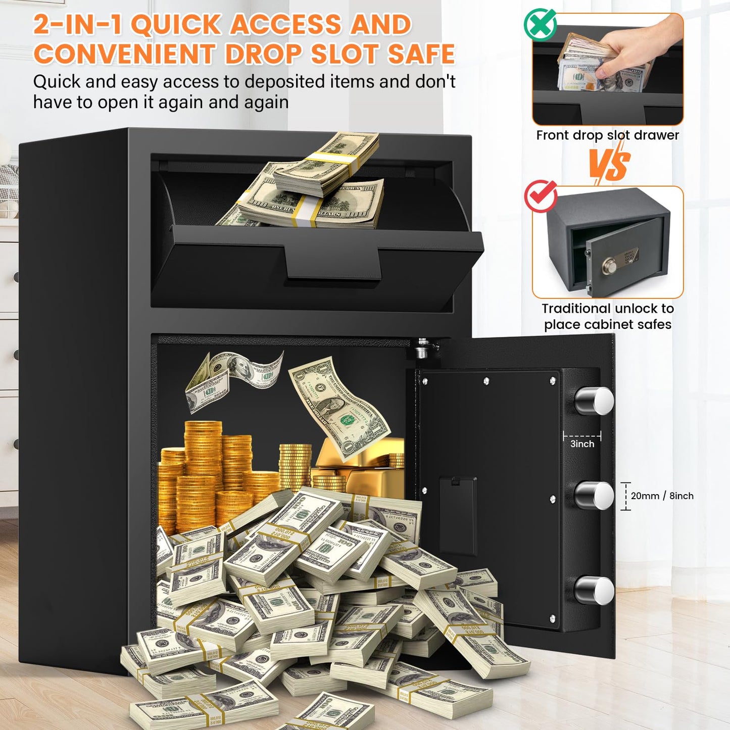 2.6 Cubic Fireproof Drop Safe for Business, Anti-Theft Drop Slot Safes for Money with Digital Combination Lock & Spare Keys, Cash Depository Safe with Drop Box for Home Retail Store Busines