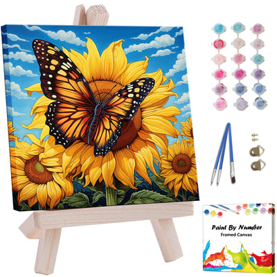 Artunion Framed Paint by Numbers Kit for Adults Beginners & Kids Ages 8-12,Sunflower Butterfly Paint by Number with Frame,Floral Paint by Numbers Kit on Canvas 10 * 10 Inch Without Easel