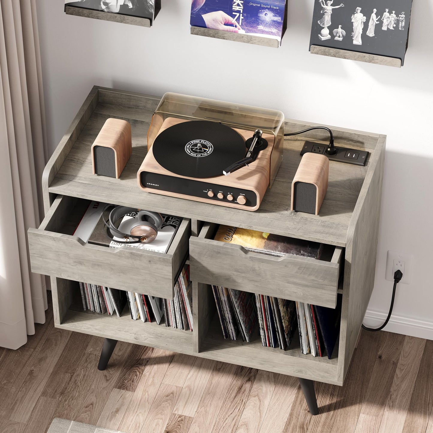 Amyove Record Player Table Stand with Storage Drawers, Vinyl Record Table Cabinet with Power Outlet, Large Wooden Turntable Stand for Album Storage in Living Room, Bedroom, Office - WoodArtSupply