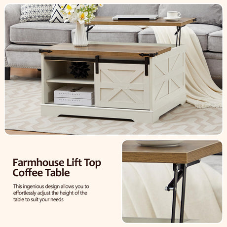 Tltaroni Farmhouse Lift Top Coffee Table, Wood Square Coffee Table with Sliding Barn Door and Adjustable Shelf Rustic Center Table with Hidden Storage Compartment for Living Room, Rustic White Tltaroni