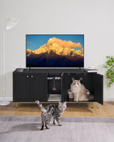 Hzuaneri Cat Litter Box Enclosure, Hidden Litter Box Furniture, Wooden Pet House Side End Table, Storage Cabinet Bench for Living Room, Bedroom, 55.2 x 20 x 23.9 inches, Black and Gold CB81504A Hzuaneri