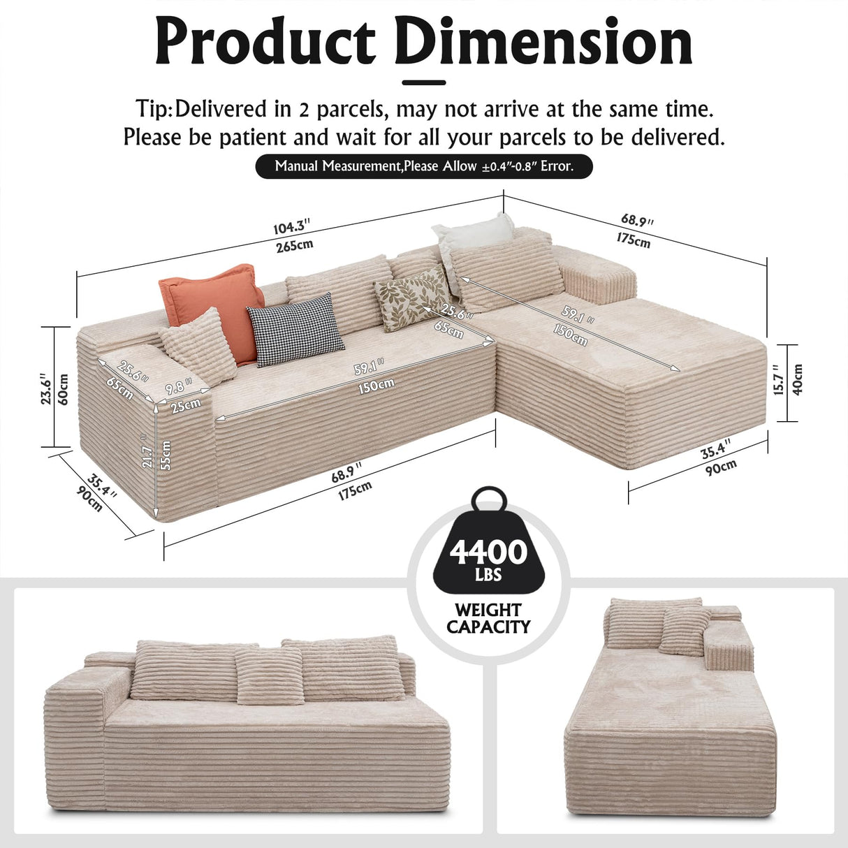 Boneless Modular Sectional Sofa, Cloud Couch with Right Facing Chaise, Oversized Deep Seat, L-Shaped, Soft Corduroy Fabric, Sectional Couch for Living Room -Beigey NMXUXMN