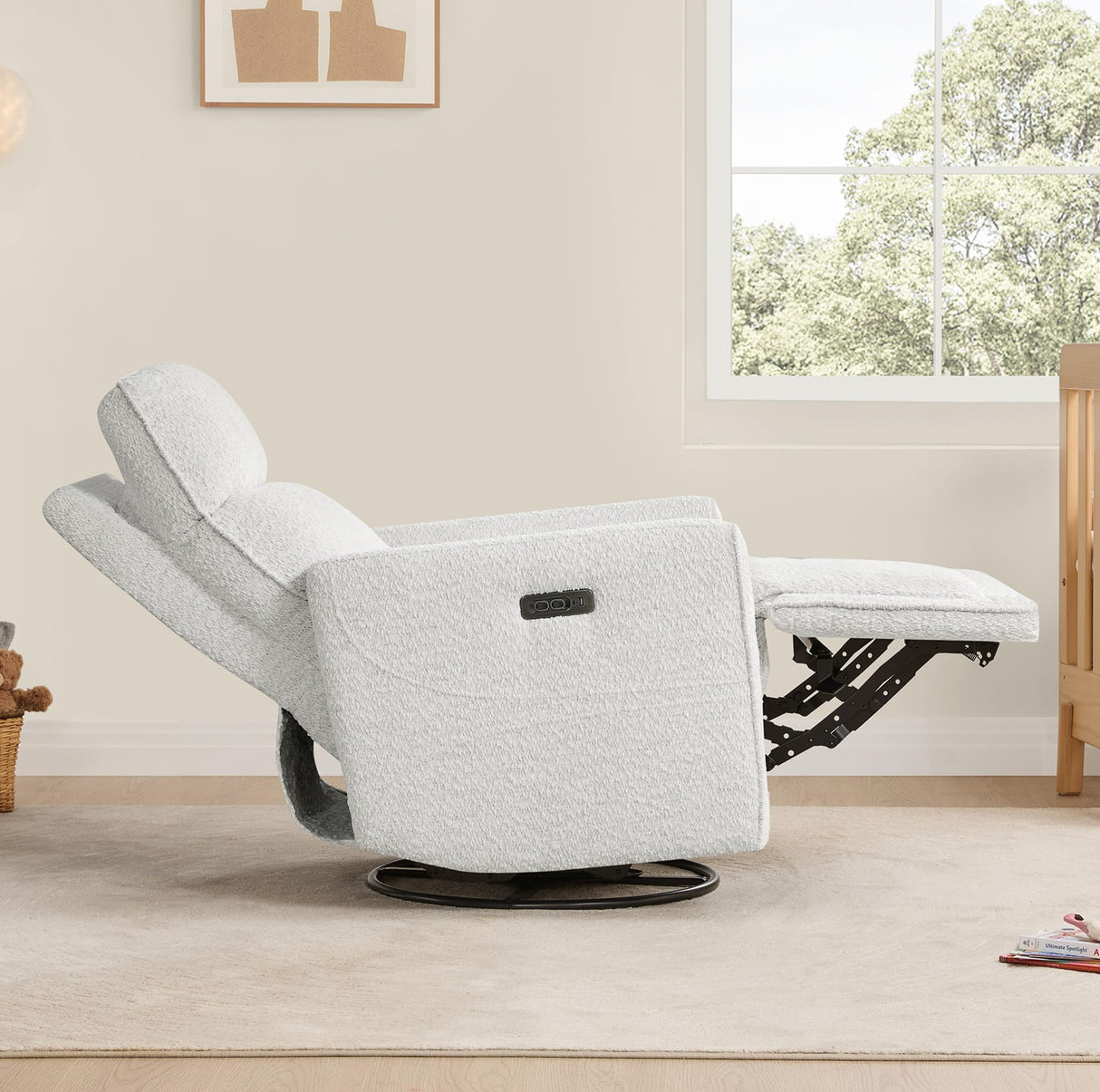 CHITA Electronic Power Recliner Chair Swivel Glider, FSC Certified Modern Nursery Rocking Chair with USB and Type-C Ports, Boucle White CHITA