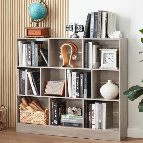 LEYAOYAO 10 Cube Bookshelf with Base,3 Tier Mid-Century Modern Grey Bookcase,Standing Wide Bookshelves Storage Organizer Shelf,Rustic Wood Display Cabinet Book Shelves for Bedroom,Living Room,Office LEYAOYAO