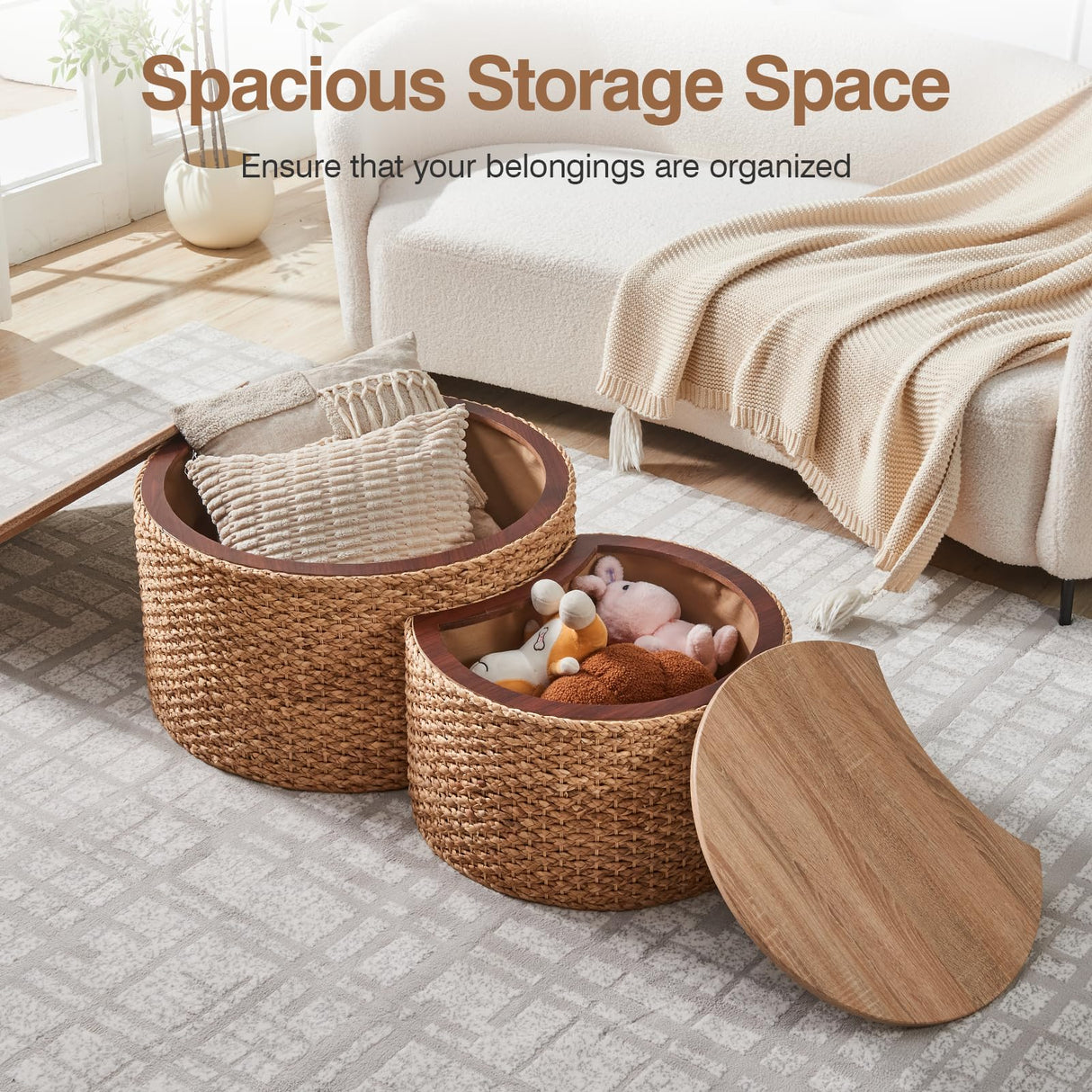 Giofanzo Round Nesting Coffee Table Set of 2 with Storage - Handwoven Wicker Rattan Ottoman Style, Boho Coastal Coffee Tables for Living Room, Rattan Coffee Table with Cushion Base & Solid Wood Cover Giofanzo