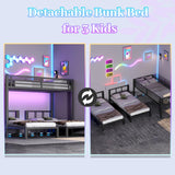 Aurnienofus Triple Bunk Bed Twin XL & Twin Over Twin with LED & Charging Station, Metal Detachable Bunk Bed for 3 Kids, Girls Boys Teens,Bunk Beds with Guardrails and Ladder, Black Aurnienofus