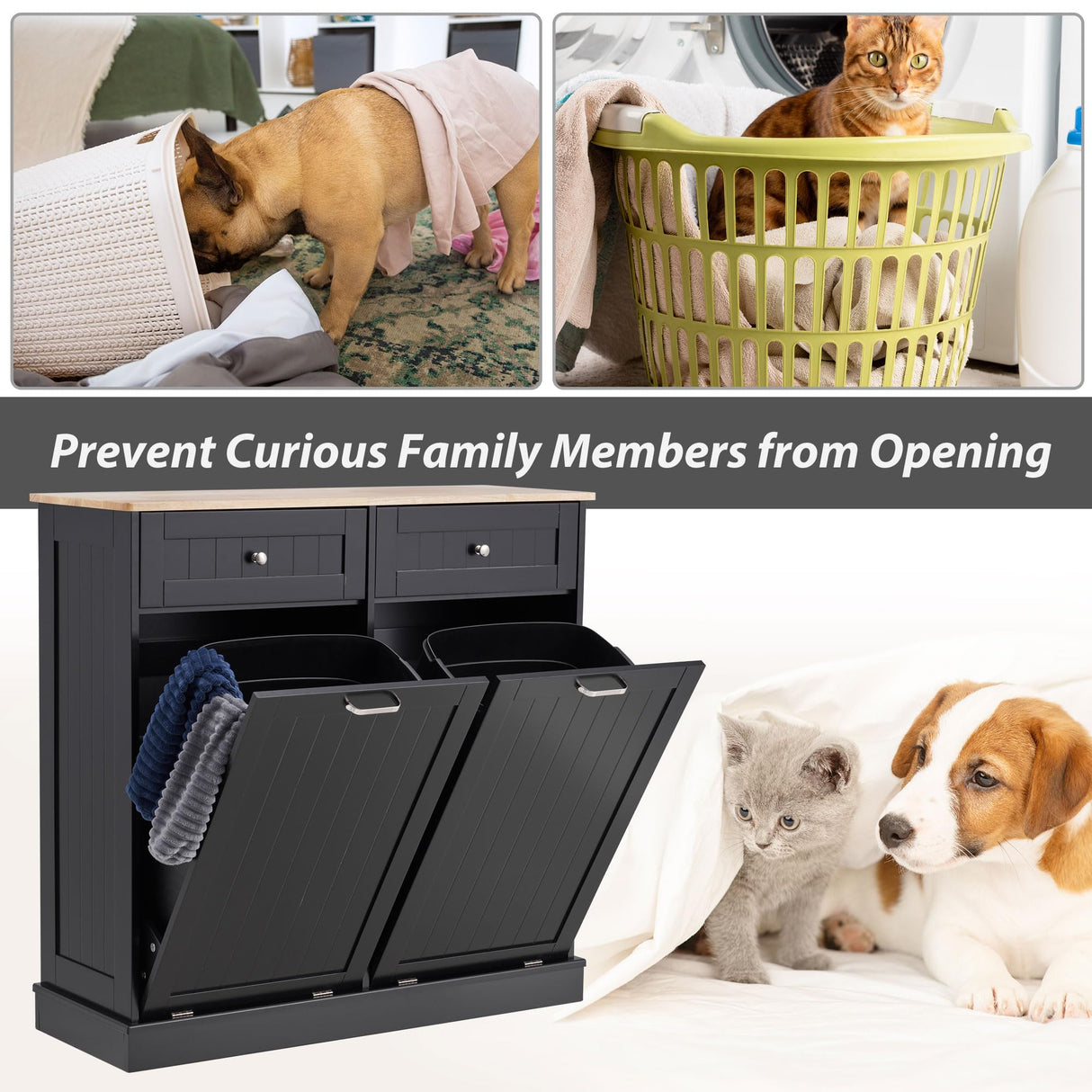 Ancohom Double Tilt Out Trash Cabinet Kitchen Waste Bins,Laundry Hamper Tilt Out Trash Can Cabinet 2 * 13 Gallon Pet Proof Trash Can for Kitchen (White) Ancohom