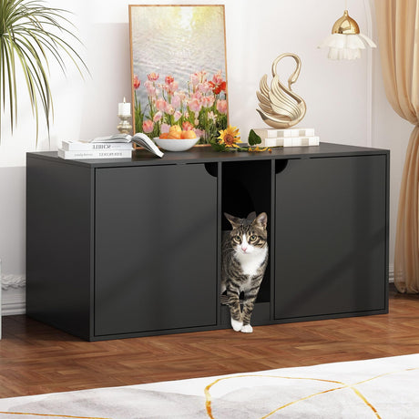 DAWNSPACES Large Cat Litter Box Enclosure for 2 Cats, Modern Wood Stackable Large Cat Washroom Storage Cabinet Bench End Table Furniture,with Removable Litter Box, Black DAWNSPACES