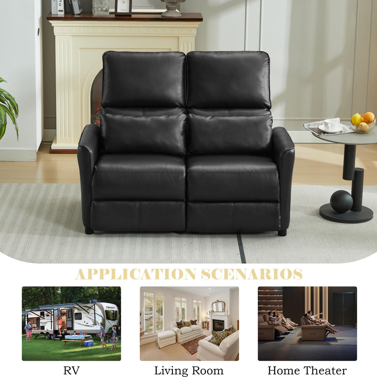 DRMBOOK 52'' RV Loveseat Recliner Sofa, Faux Leather Double Camper Couch 2 Seater Recliner, Home Movie Theater Seating Chair, 2 Person Push Back Recliners for Living Room, Black DRMBOOK