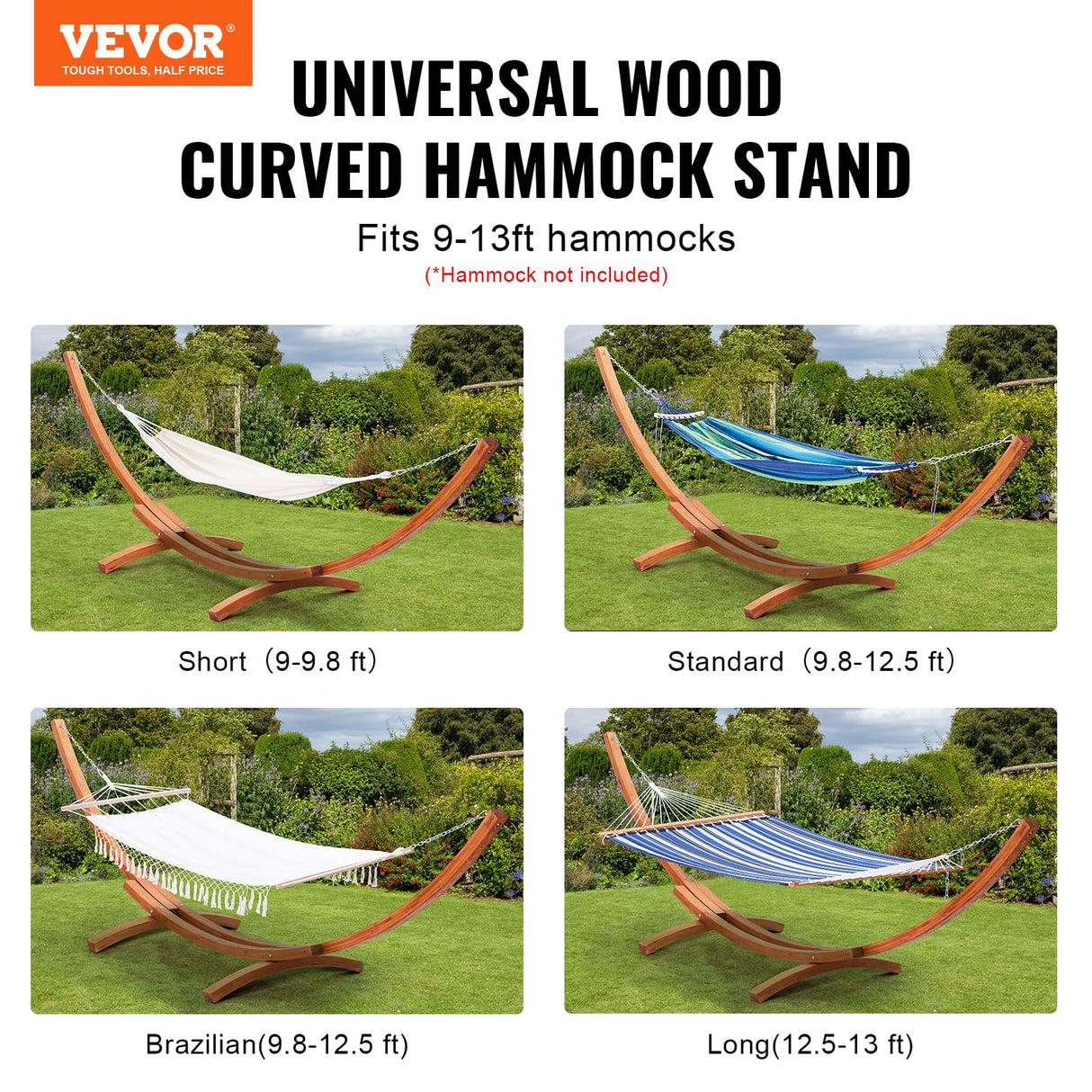 VEVOR Wooden Hammock Stand, 475 lbs Capacity Universal 2 Person Hammock Frame Fits 9-13 ft Hammocks, Larch Wood Arc Adjustable Stand for Hammock with Chain and Carabiner, for Outdoor and Indoor VEVOR