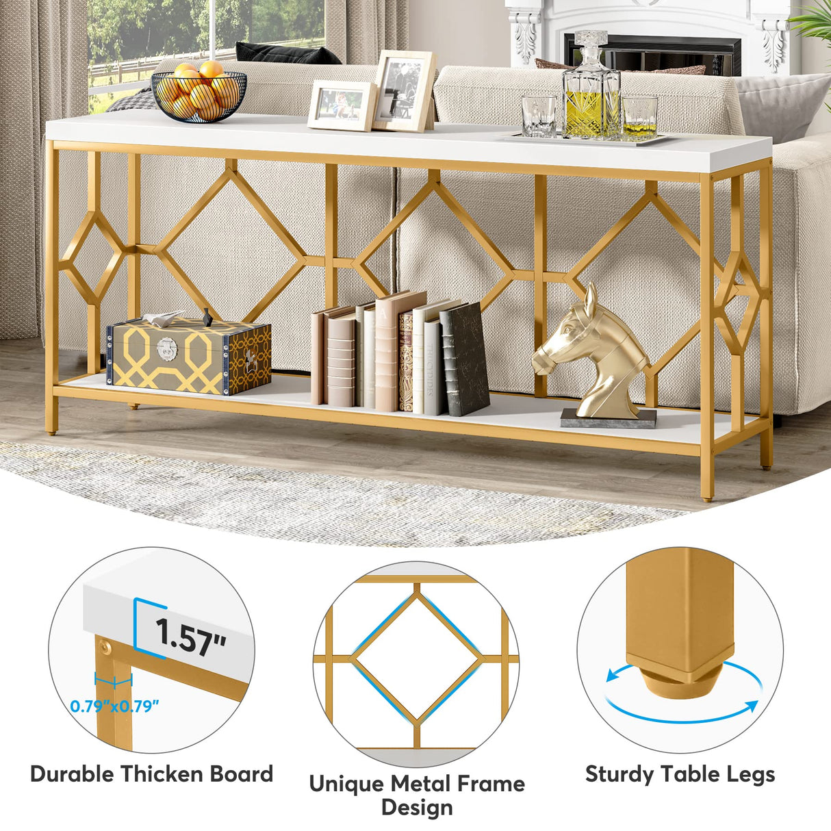 Extra-Long White and Gold Sofa Table with Open Storage Shelf by Tribesigns Tribesigns