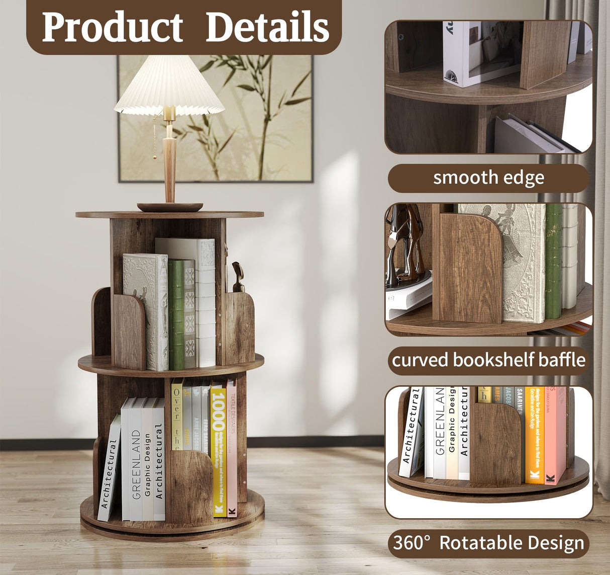 Suuiwau 2-Tier Rotating Bookshelf, 360° Spinning Corner Bookcase Space-Saving Storage Rack for Living Room, Bedroom, Office, Kids Room Suuiwau