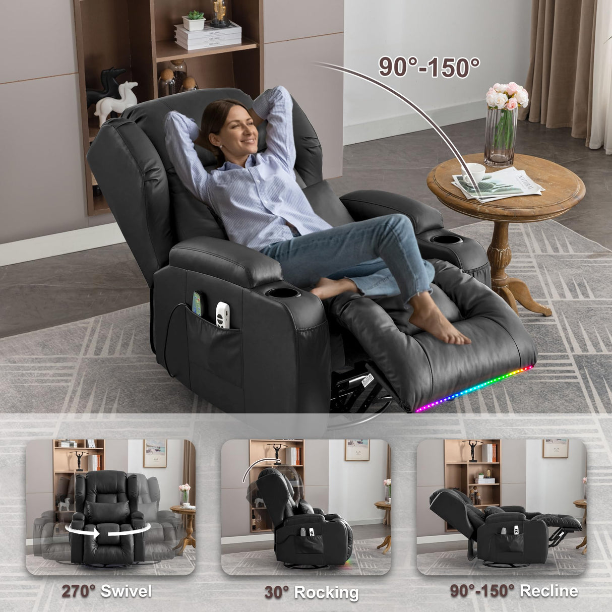 TUNYI Power Recliner Chair - Faux Leather Home Theater Seating Glider Reclining Sofa with Massage & Heat Swivel Rocker Recliner Chair for Living Room with LED Light/USB Port/Lumbar Pillow (Black) TUNYI